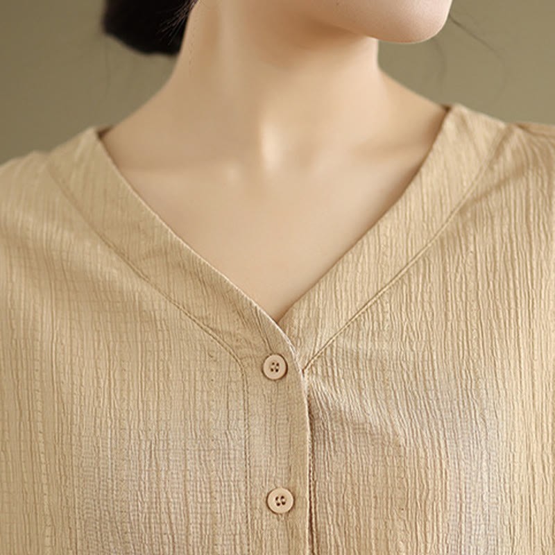 Summer Casual Pure Half Puff Sleeve Half Button V-neck Women's T-Shirt