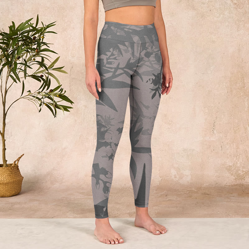 Gray Leaves Print Gym Leggings Women's Yoga Pants