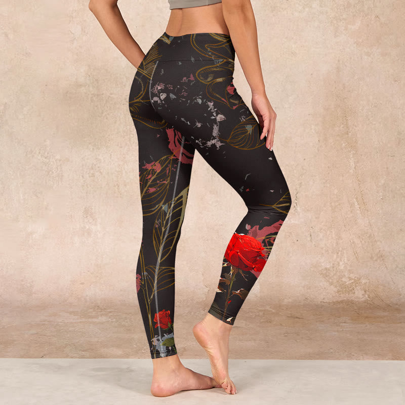 Red Roses Print Gym Leggings Women's Yoga Pants
