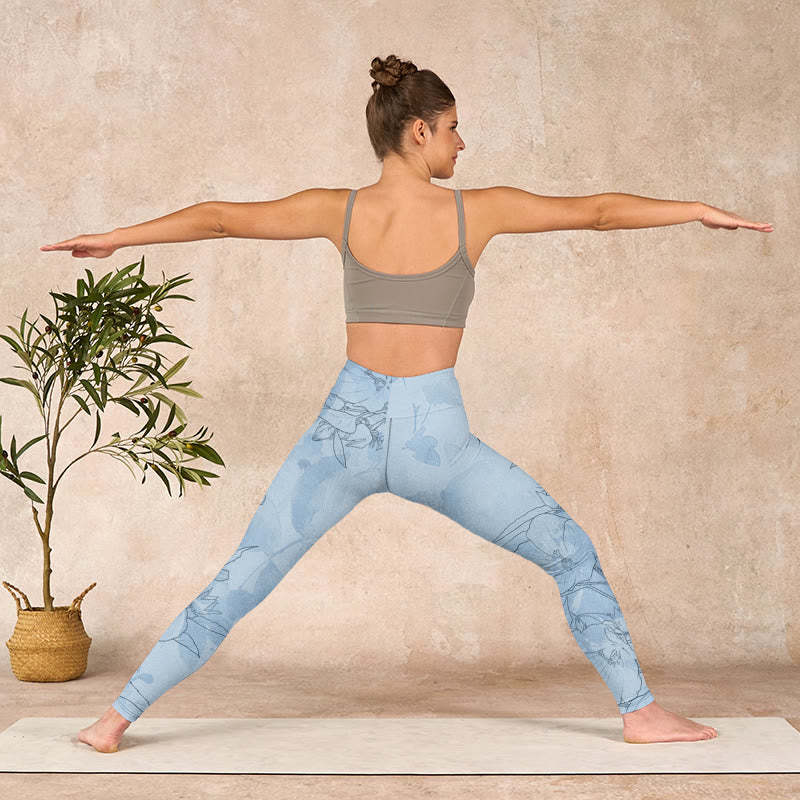 Blue Flower Sketch Print Sports Leggings Women's Yoga Pants