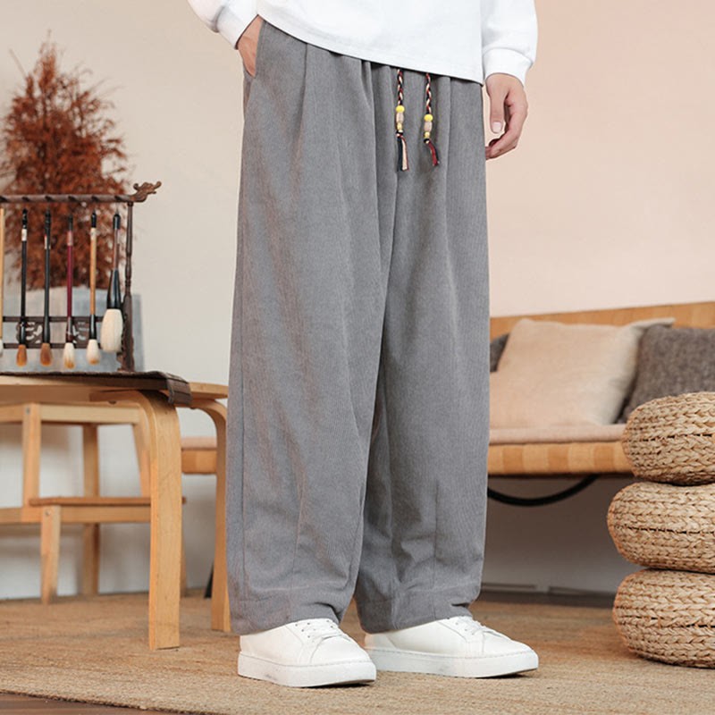 Fall Winter Men's Drawstring Corduroy Solid Pants With Pockets