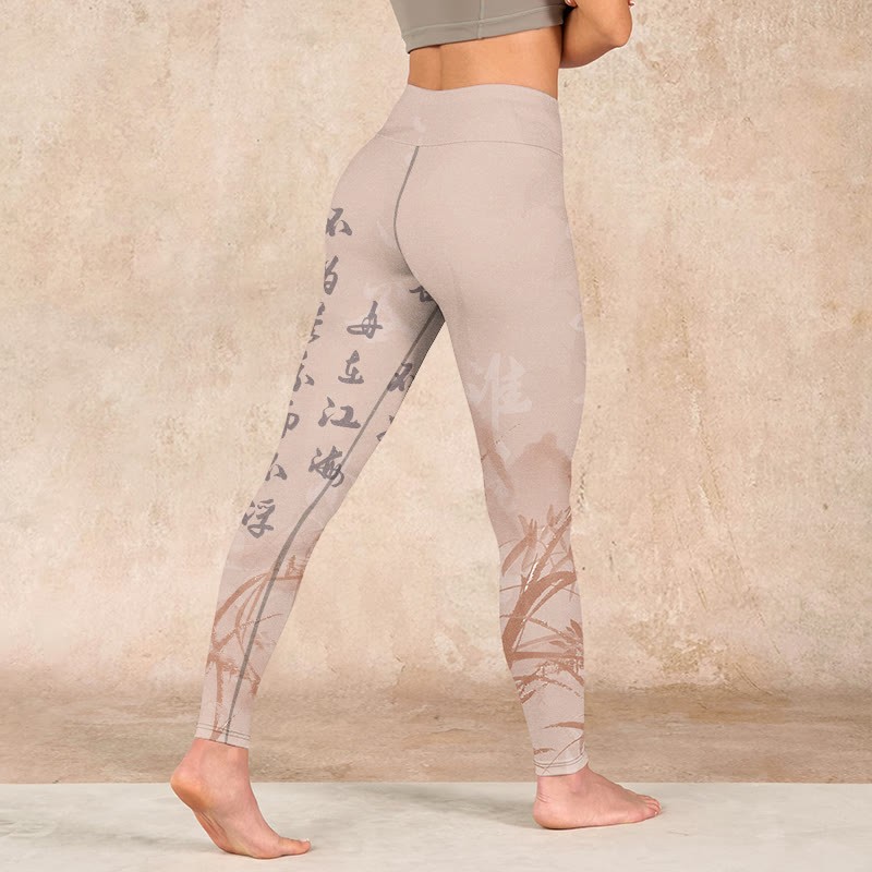 Calligraphy Orchid Print Gym Leggings Women's Yoga Pants
