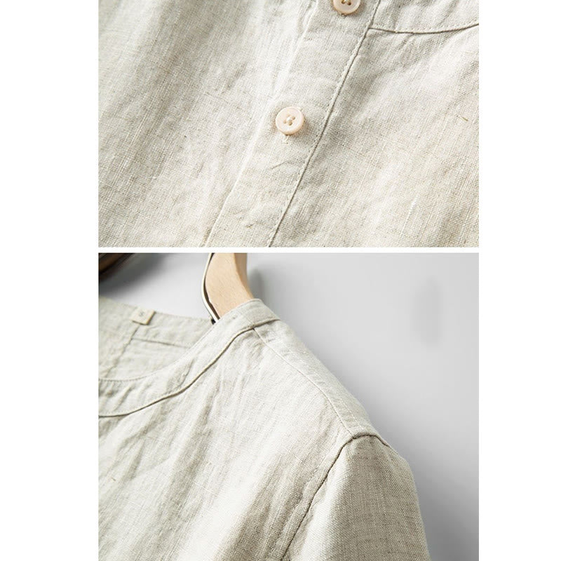 Summer Men's Solid Color Button Short Sleeve Linen Shirt