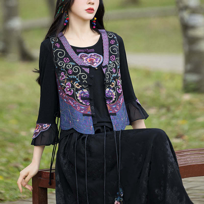 Vintage Frog-Button Embroidery Purple Flower Tang Suit Design Sleeveless Vest