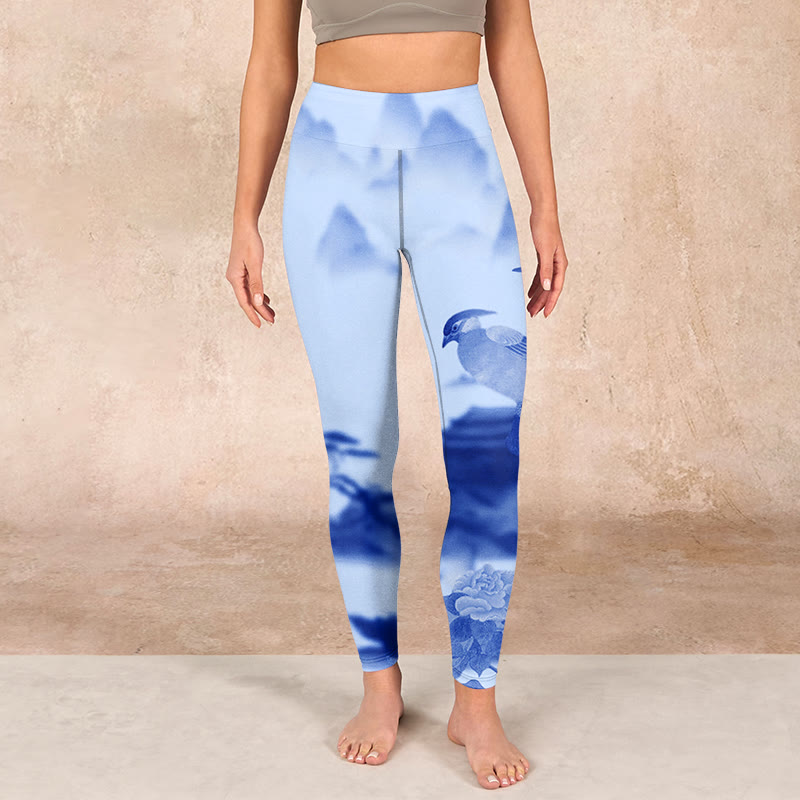 Blue Bird Peony Print Sports Leggings Women's Yoga Pants