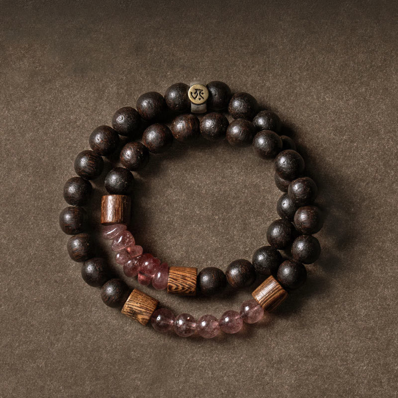 925 Sterling Silver Chinese Zodiac Natal mystic zen Agarwood Strawberry Quartz Peace Double Wrap Bracelet