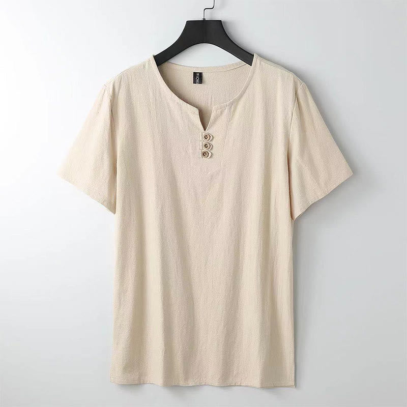 Solid Color V-neck Three Top Buttons Short Sleeve Cotton?linen Men's Shirt