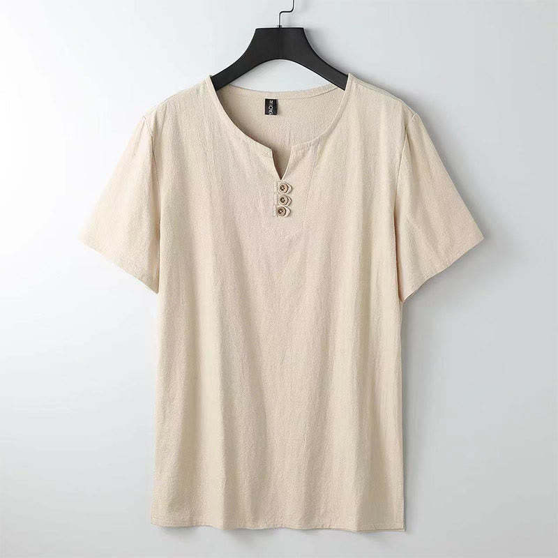 Solid Color V-neck Three Top Buttons Short Sleeve Cotton?linen Men's Shirt