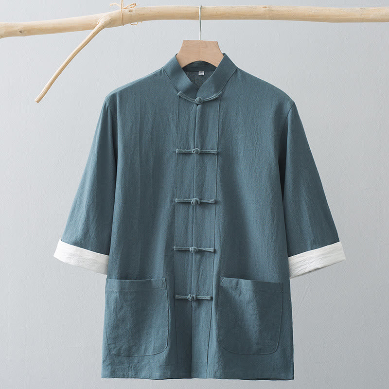 Frog-Button Chinese Tang Suit Half Sleeve Shirt Cotton Men Clothing With Pockets