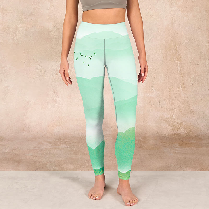 Mint Cream Mountains Wild Goose Print Sports Leggings Women's Yoga Pants