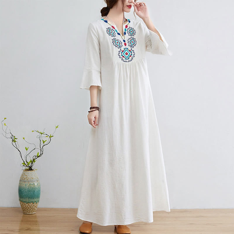 Casual Embroidered Flower Pattern V-neck Three Quarter Sleeve Design Cotton Linen Midi Dress