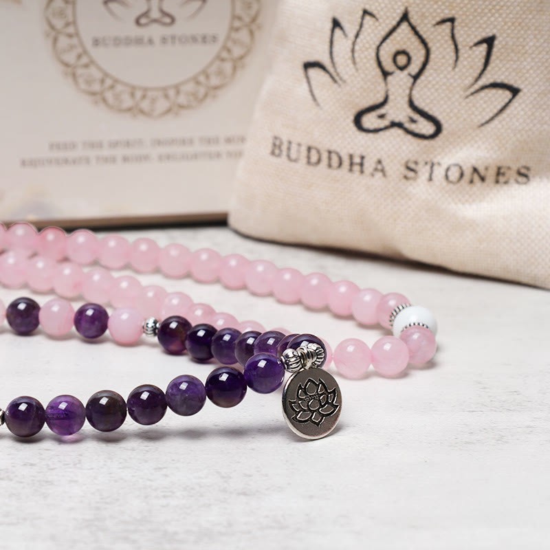 Natural Rose Quartz & Amethyst Mala Bead Lotus Pendant Bracelet