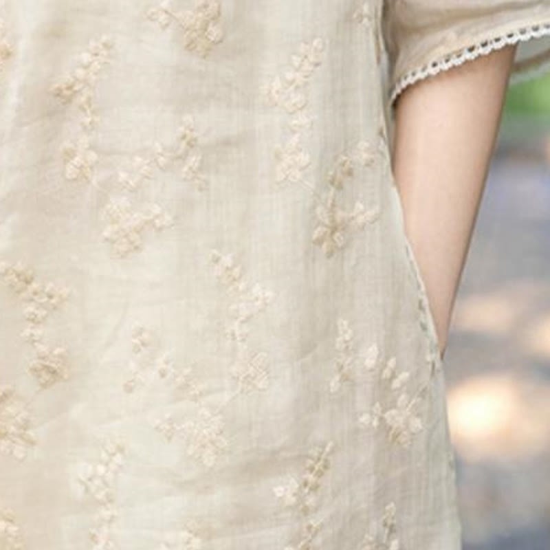 Casual Embroidered Slant Collar Stand Collar Half Sleeve Design Ramie Midi Dress With Pockets