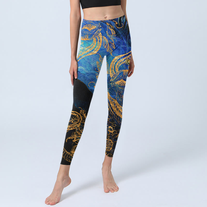 Black Snake Butterfly Flower Leaves Print Gym Leggings Women's Yoga Pants