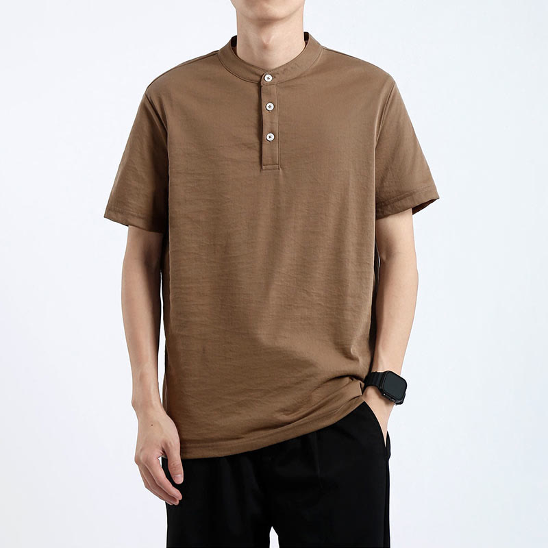 Summer Short Sleeve Half Button Shirt Cotton Linen Men Clothing