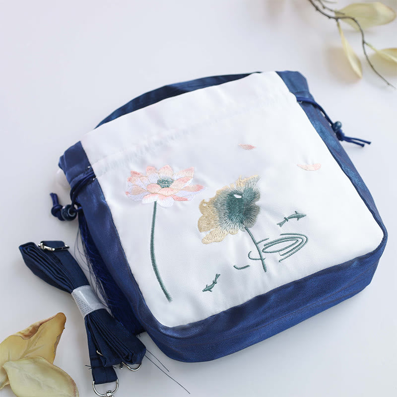 Embroidered Lotus Koi Fish Crane Camellia Cotton Linen Tote Crossbody Bag Shoulder Bag Handbag