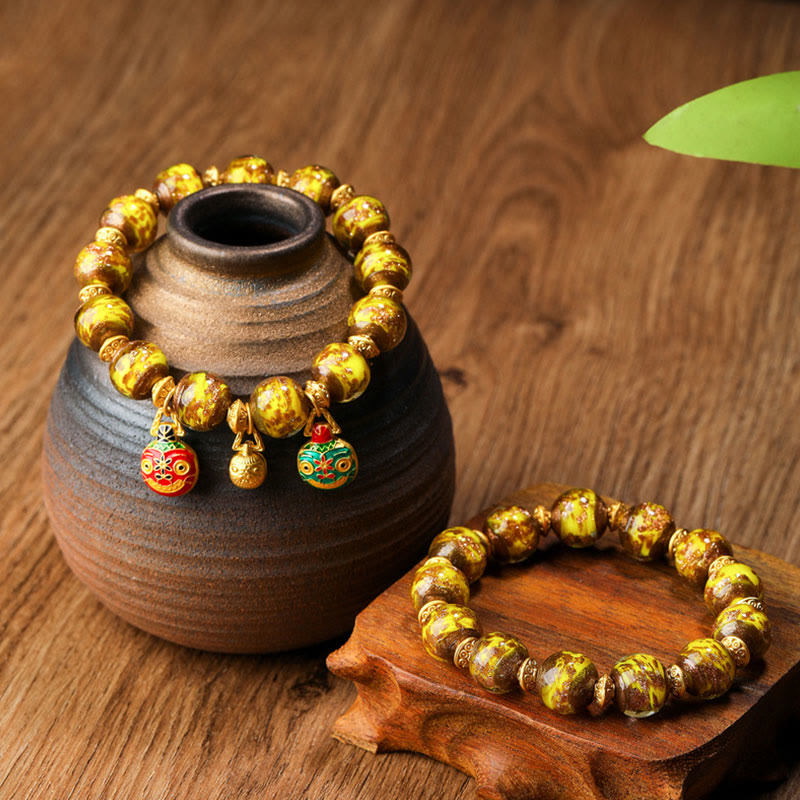Gold Swallowing Beast Family Charm Liuli Glass Bead Fortune Bracelet