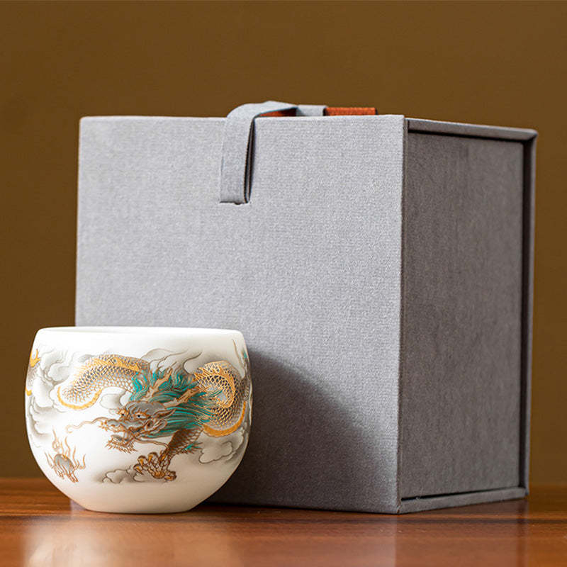 Dragon Phoenix Auspicious Clouds Ceramic Teacup Kung Fu Tea Cup With Gift Box