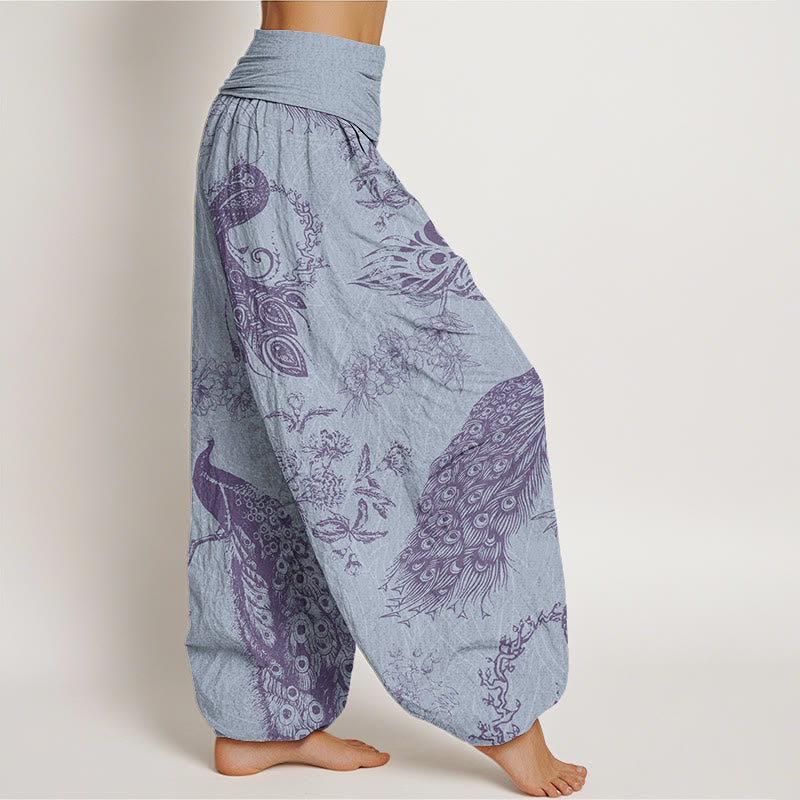 Casual Peacock Peony Flower Women's Elastic Waist Harem Pants