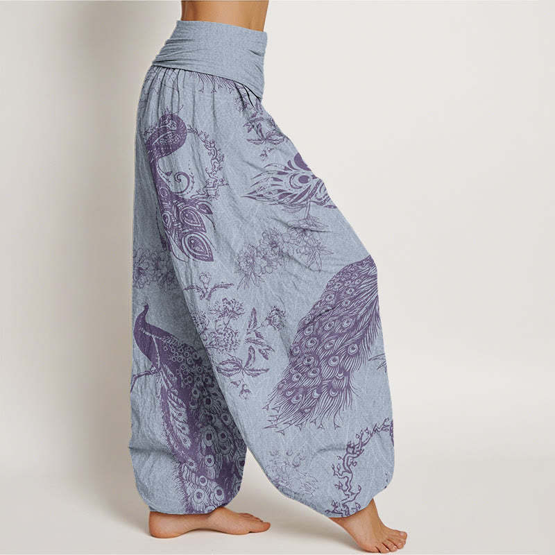 Casual Peacock Peony Flower Women's Elastic Waist Harem Pants