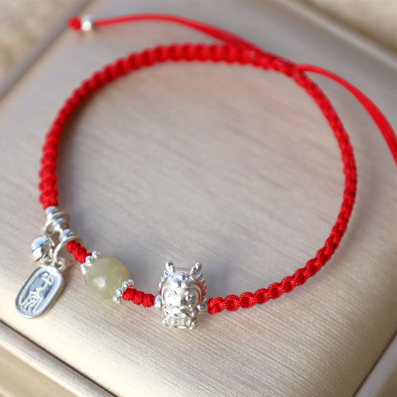 Handmade Year Of The Dragon 999 Sterling Silver Hetian Jade Copper Coin Peace And Joy Protection Bracelet