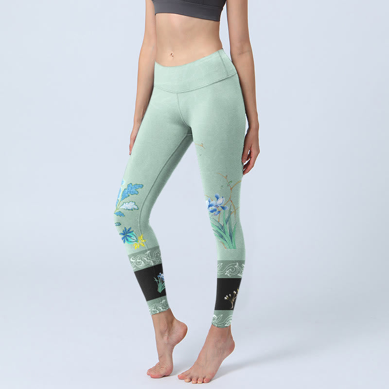 Mint Green Blue Peony Butterfly Print Sports Leggings Women's Yoga Pants