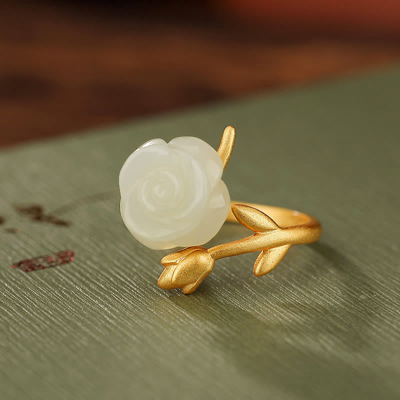 925 Sterling Silver Plated Gold Rose Flower Hetian White Jade Happiness Ring