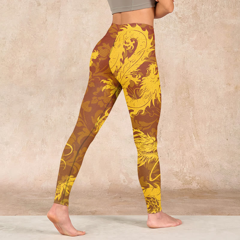 Golden Dragon Flowers Print Gym Leggings Women's Yoga Pants