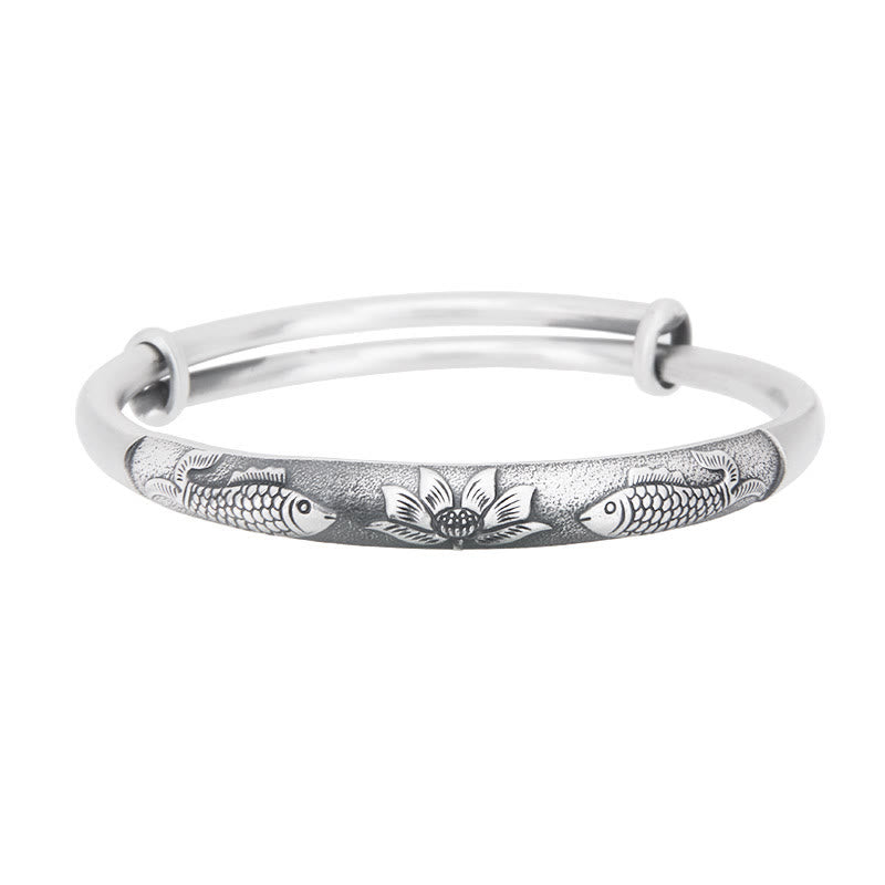 999 Sterling Silver Koi Fish Lotus Wealth Luck Bracelet Bangle