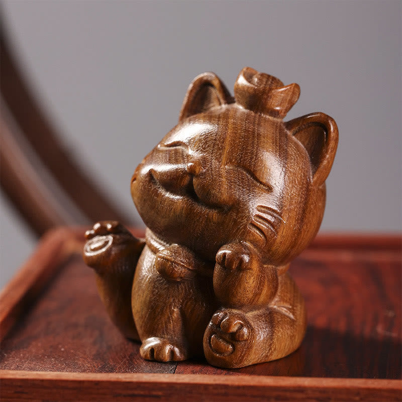 Mini Green Sandalwood Ingot Lucky Cat Carved Peace Desk Decorations