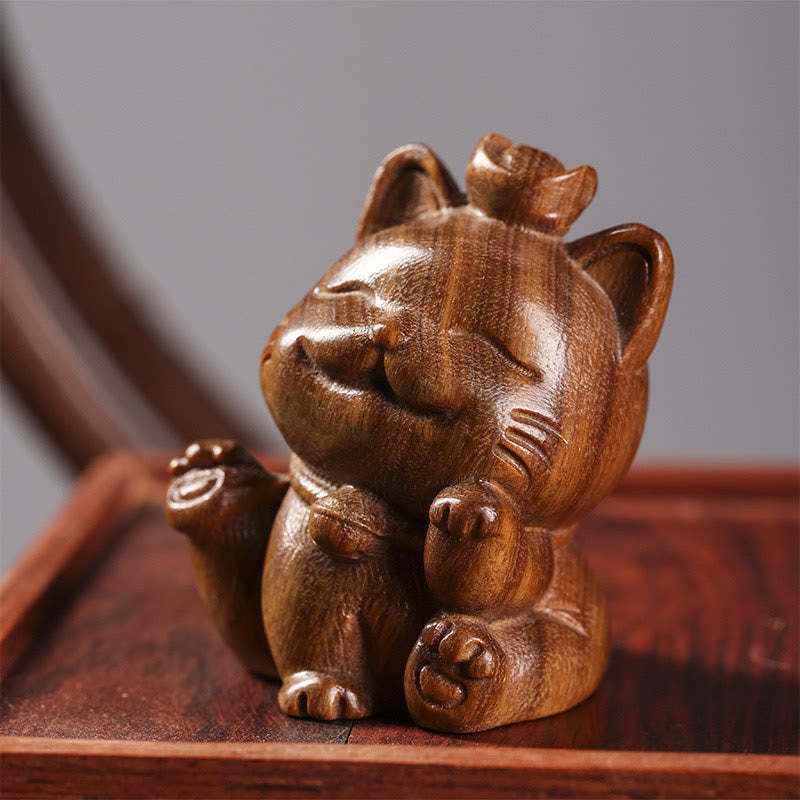 Mini Green Sandalwood Ingot Lucky Cat Carved Peace Desk Decorations