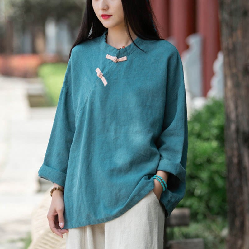 Ramie Linen Loose Blouse Women Long Sleeve Shirt Chinese Hanfu Top