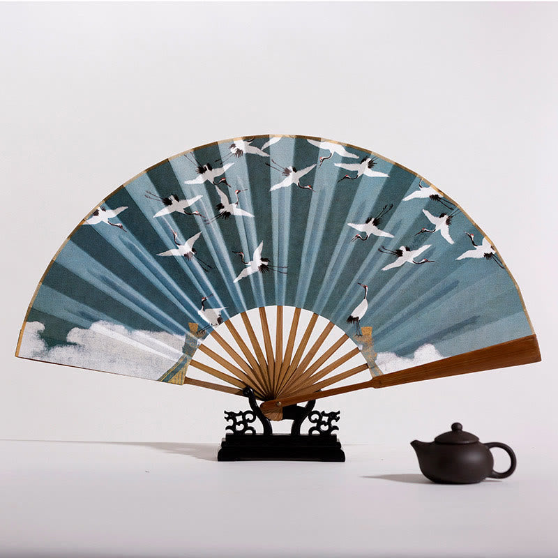 Cranes Auspicious Clouds Solid Color Gradient Handheld Cotton Linen Fabric Bamboo Folding Fan