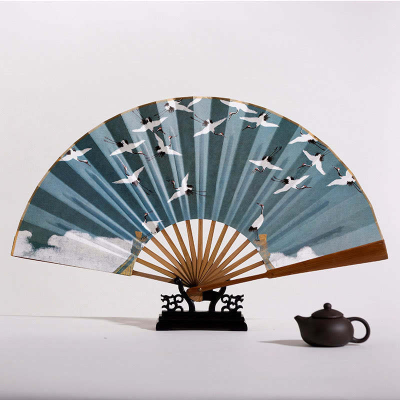 Cranes Auspicious Clouds Solid Color Gradient Handheld Cotton Linen Fabric Bamboo Folding Fan