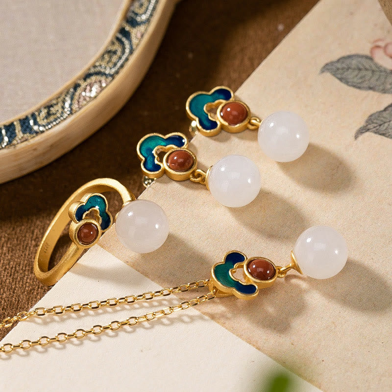 925 Sterling Silver Plated Gold Natural Hetian White Jade Auspicious Clouds Luck Necklace Pendant Ring Earrings Set