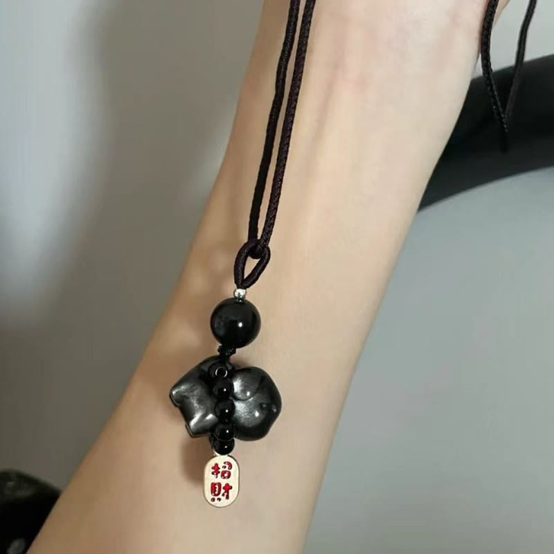 mystic zen Stone Silver Sheen Obsidian Puppy Dog Fu Character Protection Necklace Phone Hanging Decoration