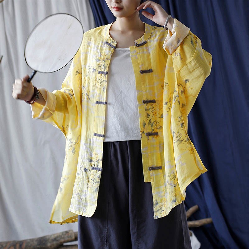 Yellow Phoenix Print Frog-button Design Long Sleeve Ramie Linen Jacket Shirt
