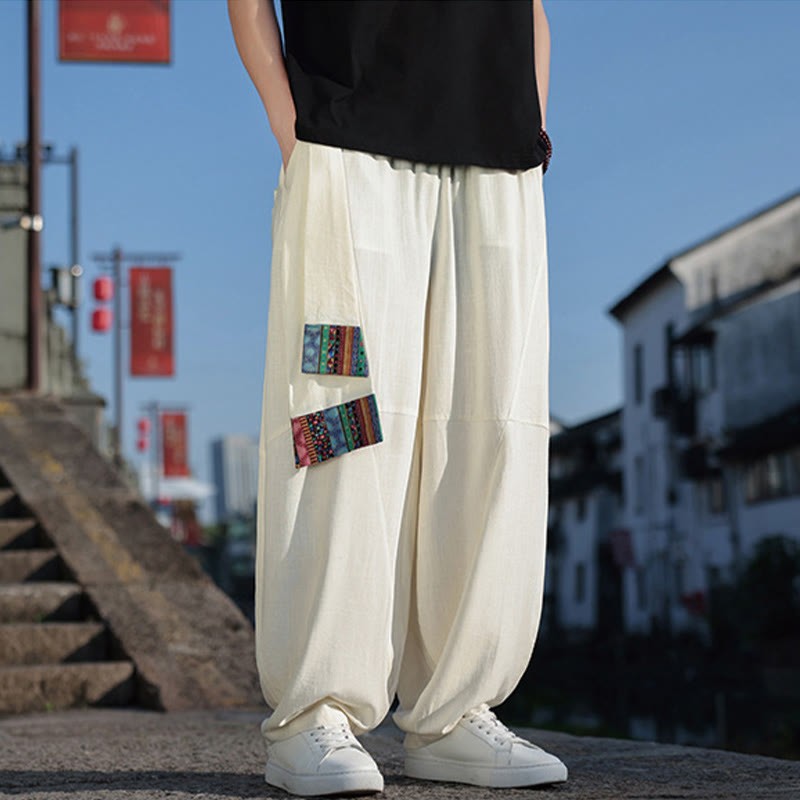 Simple Patchwork Design Drawstring Cotton Men's Wide Leg Pants With Pockets