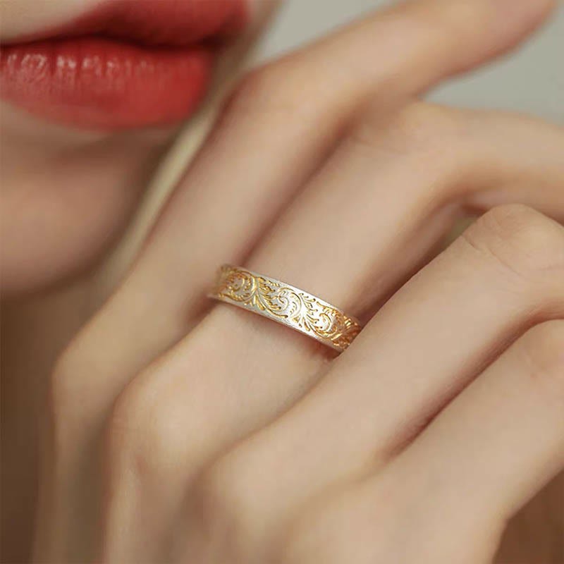 mystic zen Stone 999 Sterling Silver Gold-Painted Joyful Flower Pattern Peaceful Heart Sutra Ring