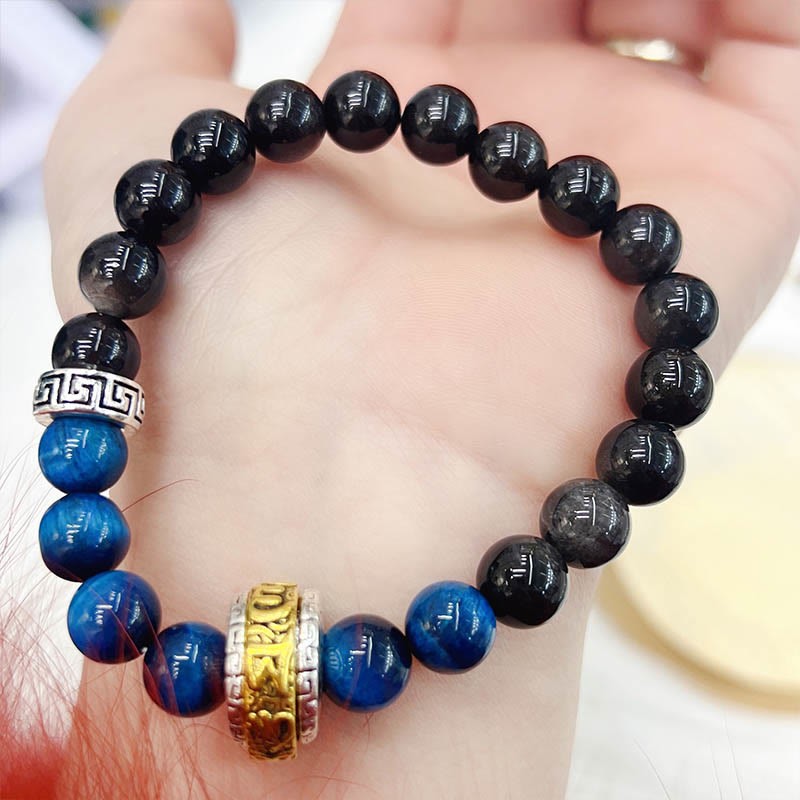 Silver Sheen Obsidian Blue Tiger Eye Om Mani Padme Hum Protection Bracelet