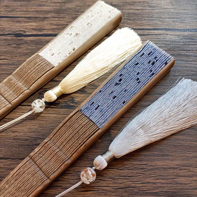 Solid Color Hollow Flowers Embroidery Cotton Fabric Handheld Bamboo Folding Fan
