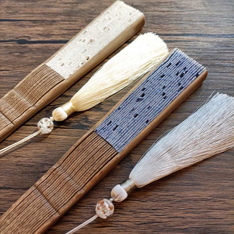 Solid Color Hollow Flowers Embroidery Cotton Fabric Handheld Bamboo Folding Fan