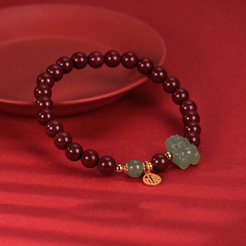 925 Sterling Silver Year of the Dragon Natural Cinnabar Hetian Jade Dragon Fu Character Ruyi As One Wishes Charm Blessing Bracelet (Extra 30% Off | USE CODE: FS30)