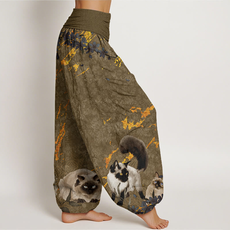 Siamese Cats Flower Coin Pattern Women's Elastic Waist Harem Pants