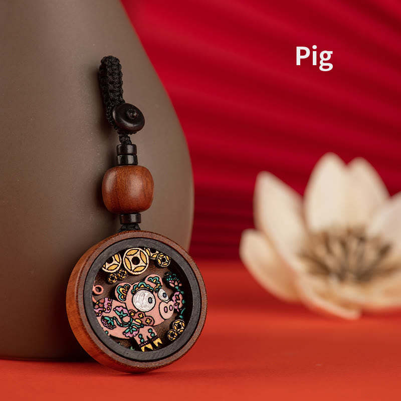 Year Of The Dragon Hand Painted Chinese Zodiac Rosewood Carved Calm Key Chain