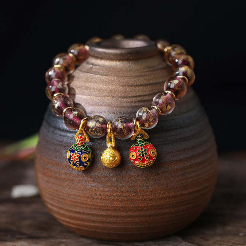 Gold Swallowing Beast Family Charm Gold Silver Foil Liuli Glass Bead Blessings Bracelet