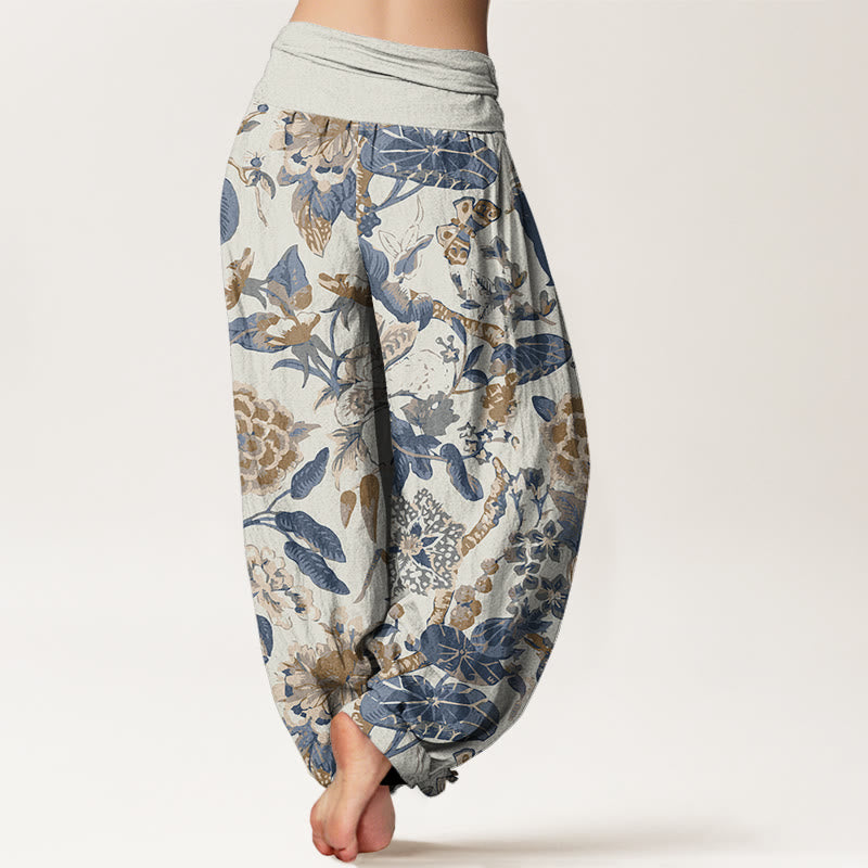 Lotus Leaf Peony Pattern Women's Elastic Waist Harem Pants