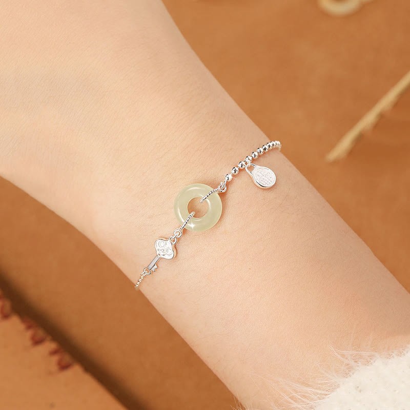 925 Sterling Silver Hetian Jade Peace Buckle Fu Character Luck Chain Bracelet