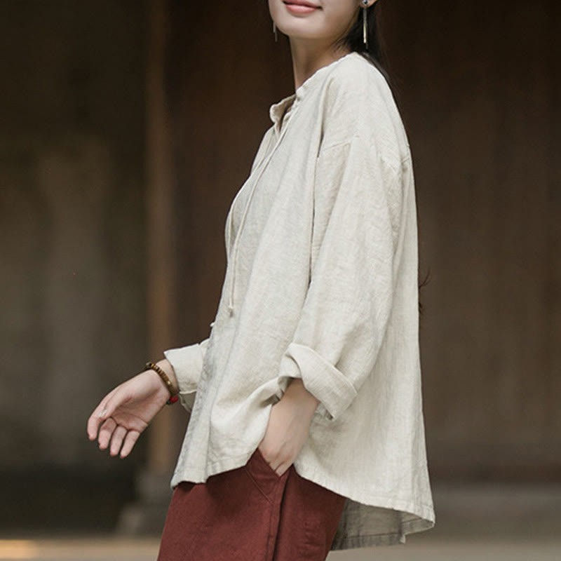 Retro Solid Color Long Sleeve Ramie Linen Women's Shirt
