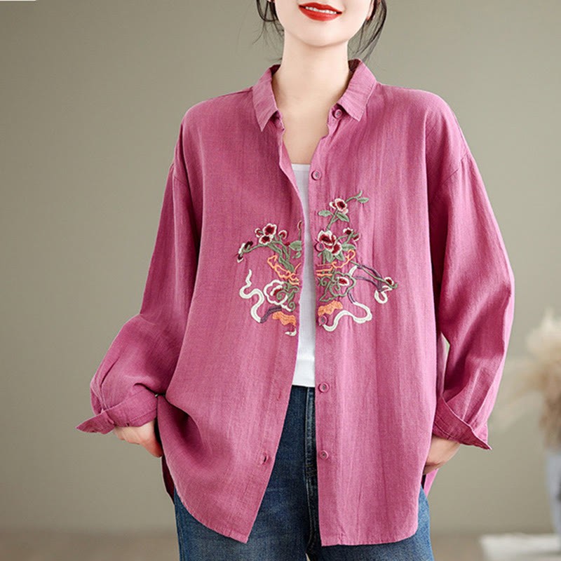 Flower Embroidery Long Sleeve Cotton Linen Women's Shirts